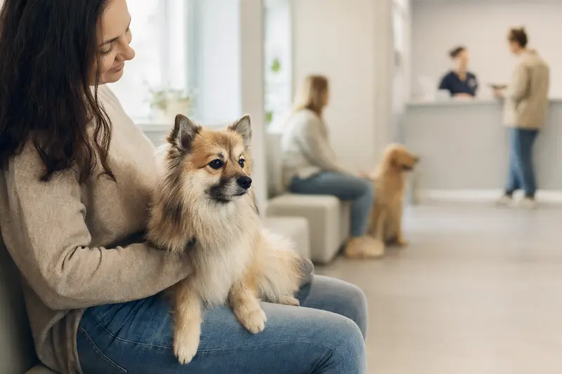 Ein Deutscher Spitz sitzt ruhig neben seinem Besitzer im hellen Wartezimmer einer modernen Tierarztpraxis.